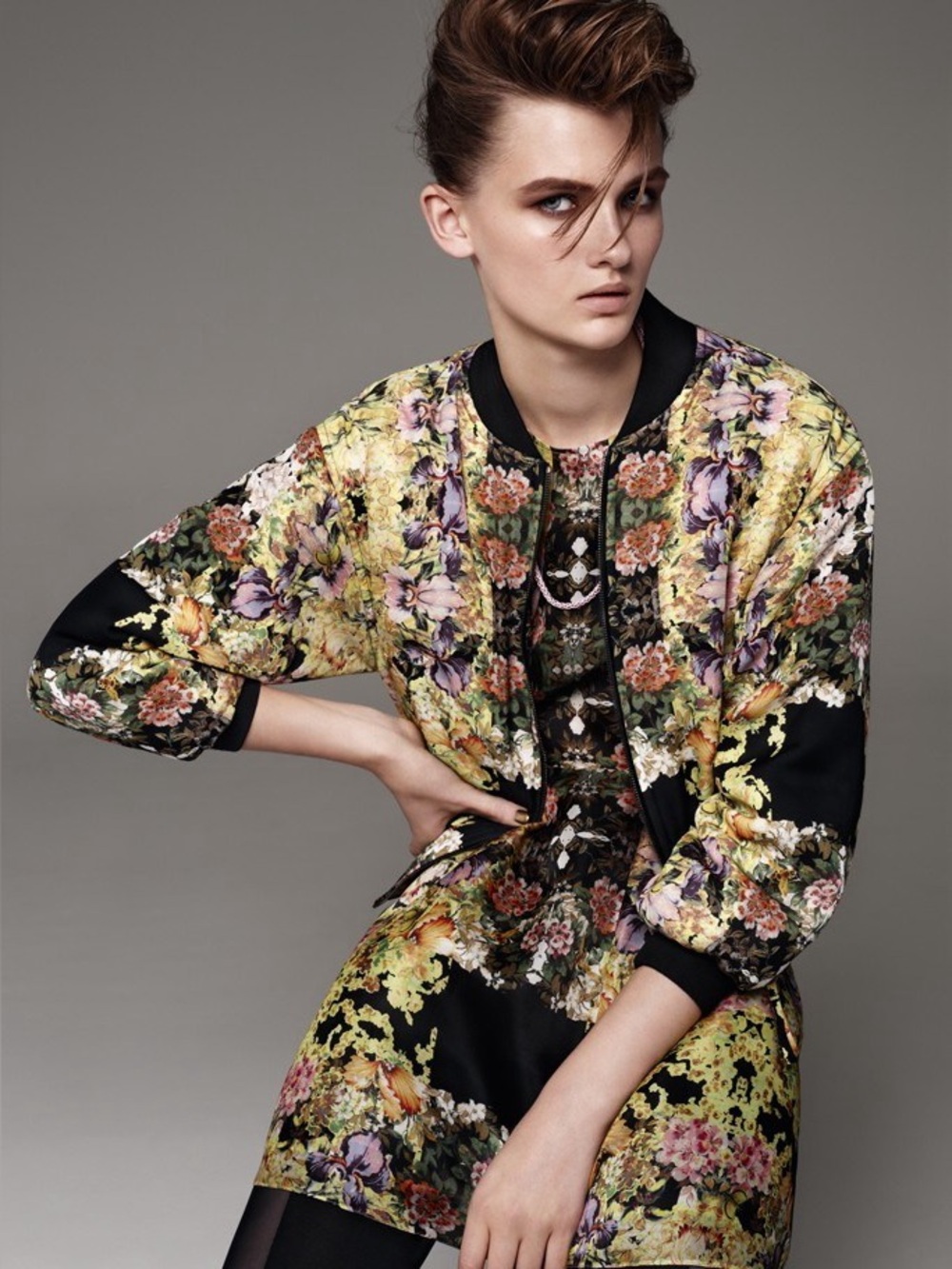 Topshop Floral Print Bomber Jacket Yellow Black US 4 UK 8